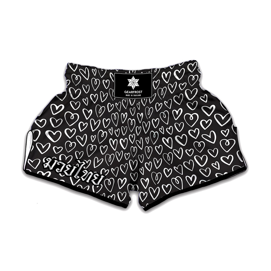 Cute Black And White Heart Pattern Print Muay Thai Boxing Shorts