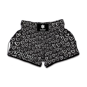 Cute Black And White Heart Pattern Print Muay Thai Boxing Shorts