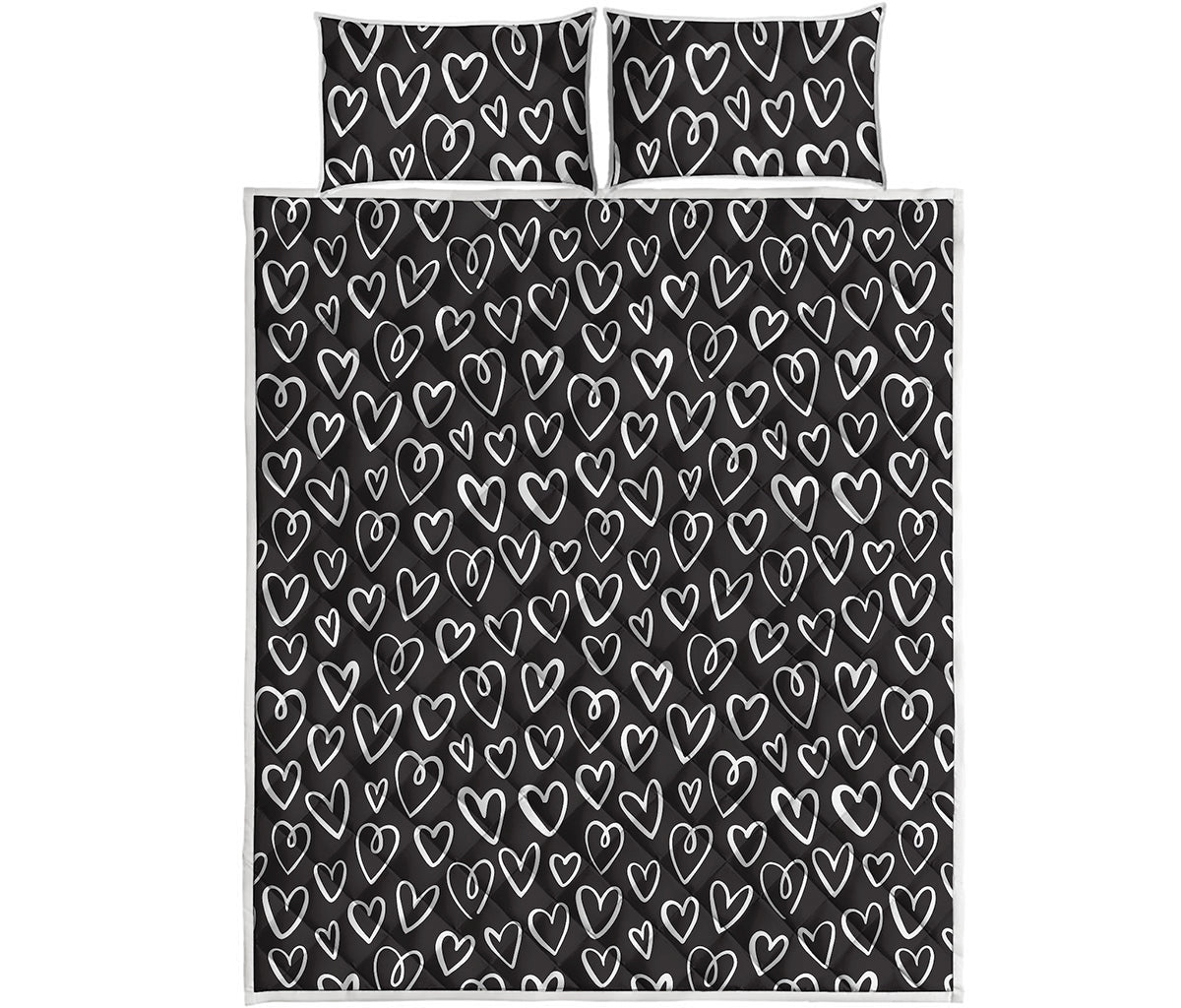 Cute Black And White Heart Pattern Print Quilt Bed Set