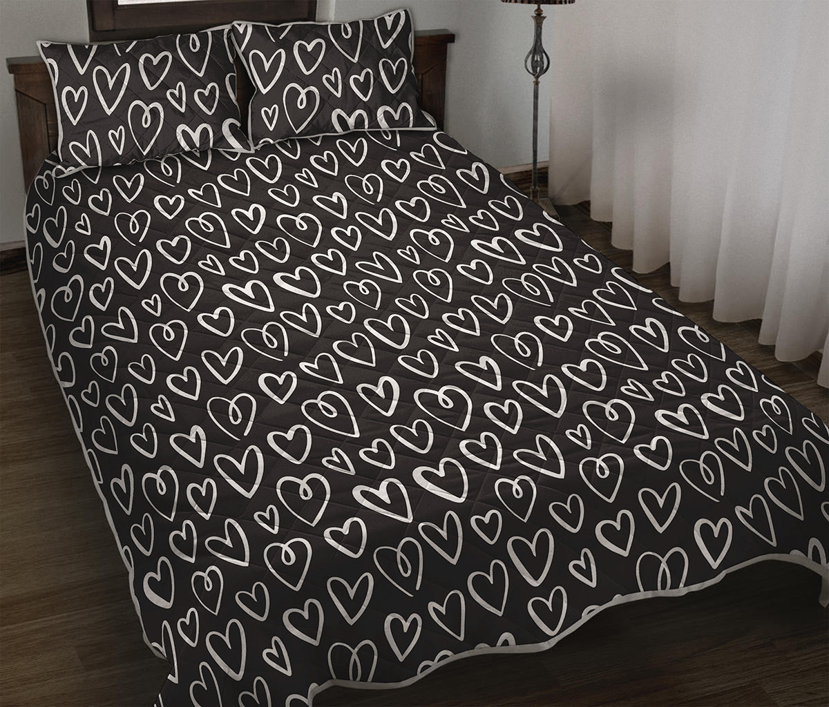 Cute Black And White Heart Pattern Print Quilt Bed Set