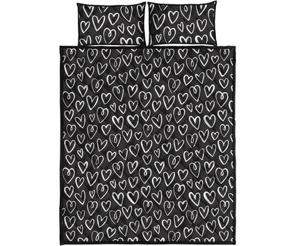 Cute Black And White Heart Pattern Print Quilt Bed Set