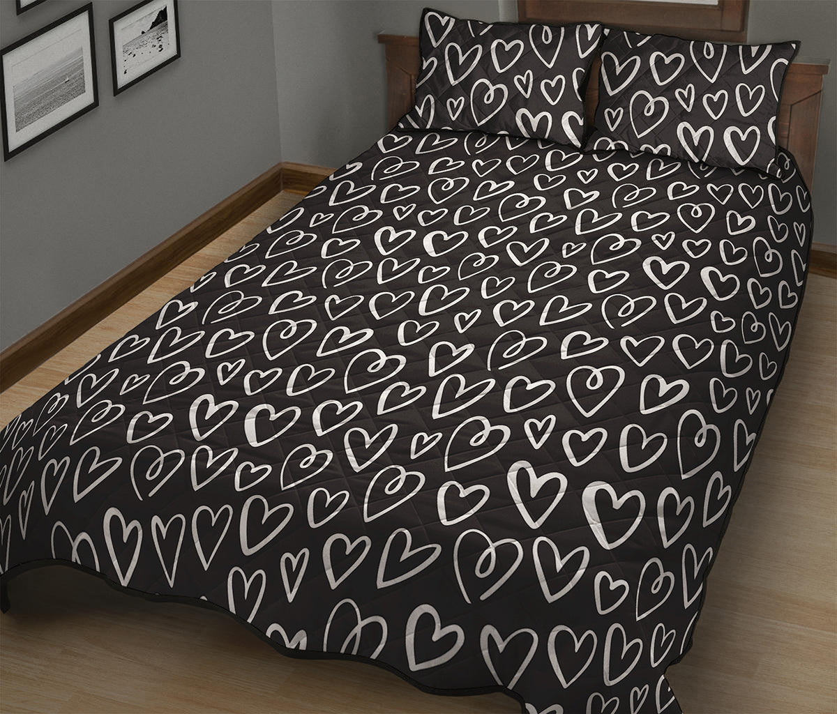 Cute Black And White Heart Pattern Print Quilt Bed Set