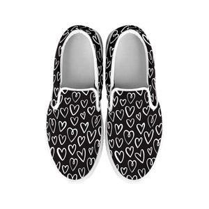 Cute Black And White Heart Pattern Print White Slip On Shoes