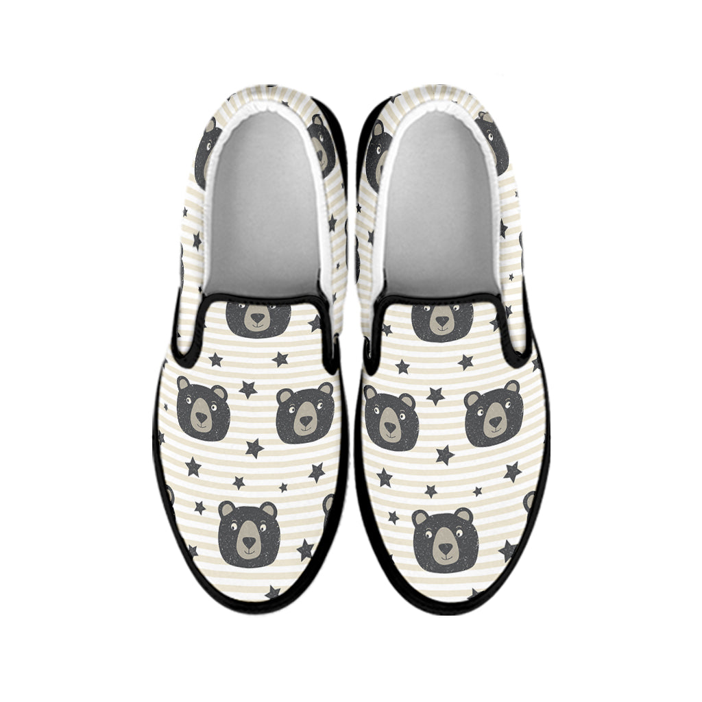 Cute Black Bear Pattern Print Black Slip On Shoes