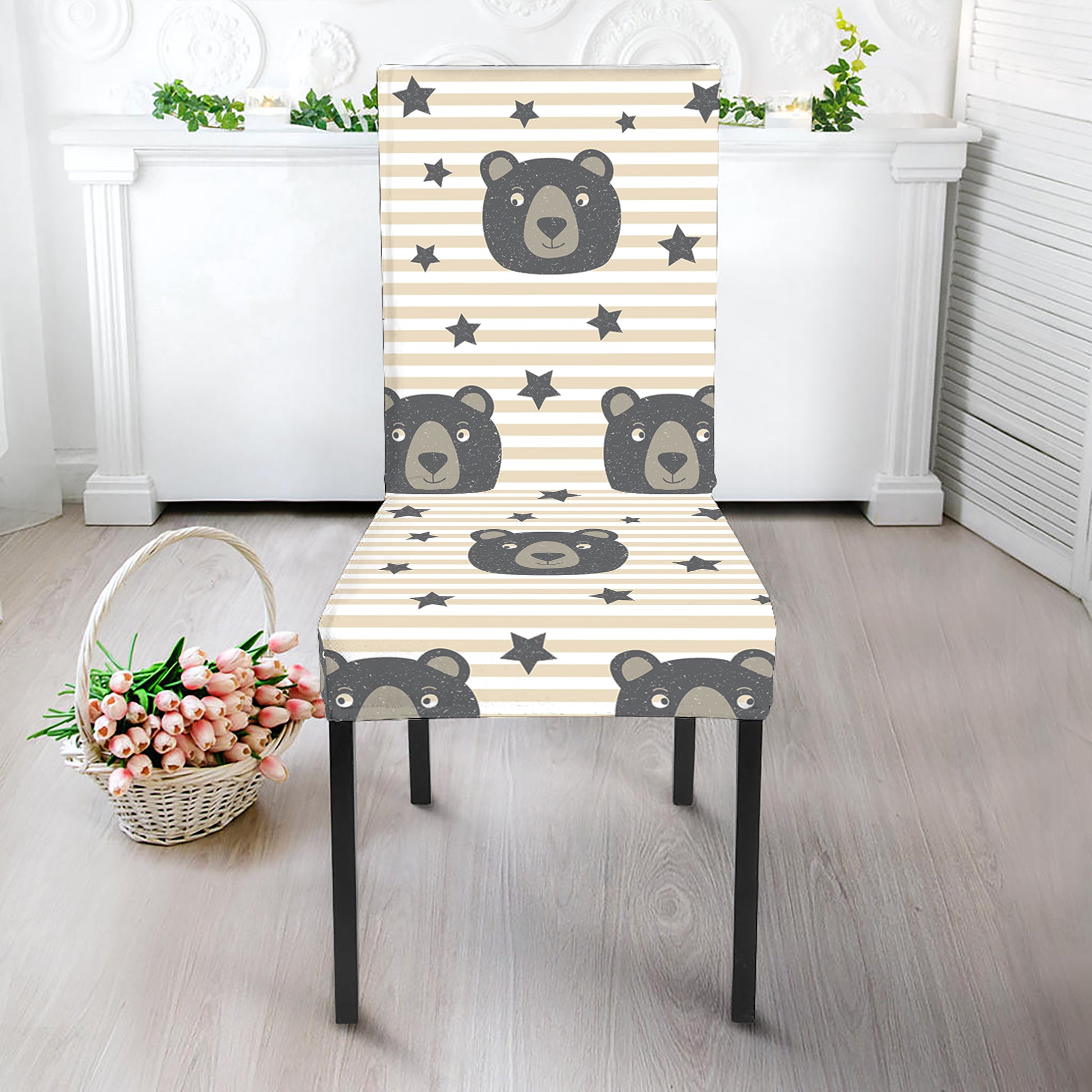 Cute Black Bear Pattern Print Dining Chair Slipcover