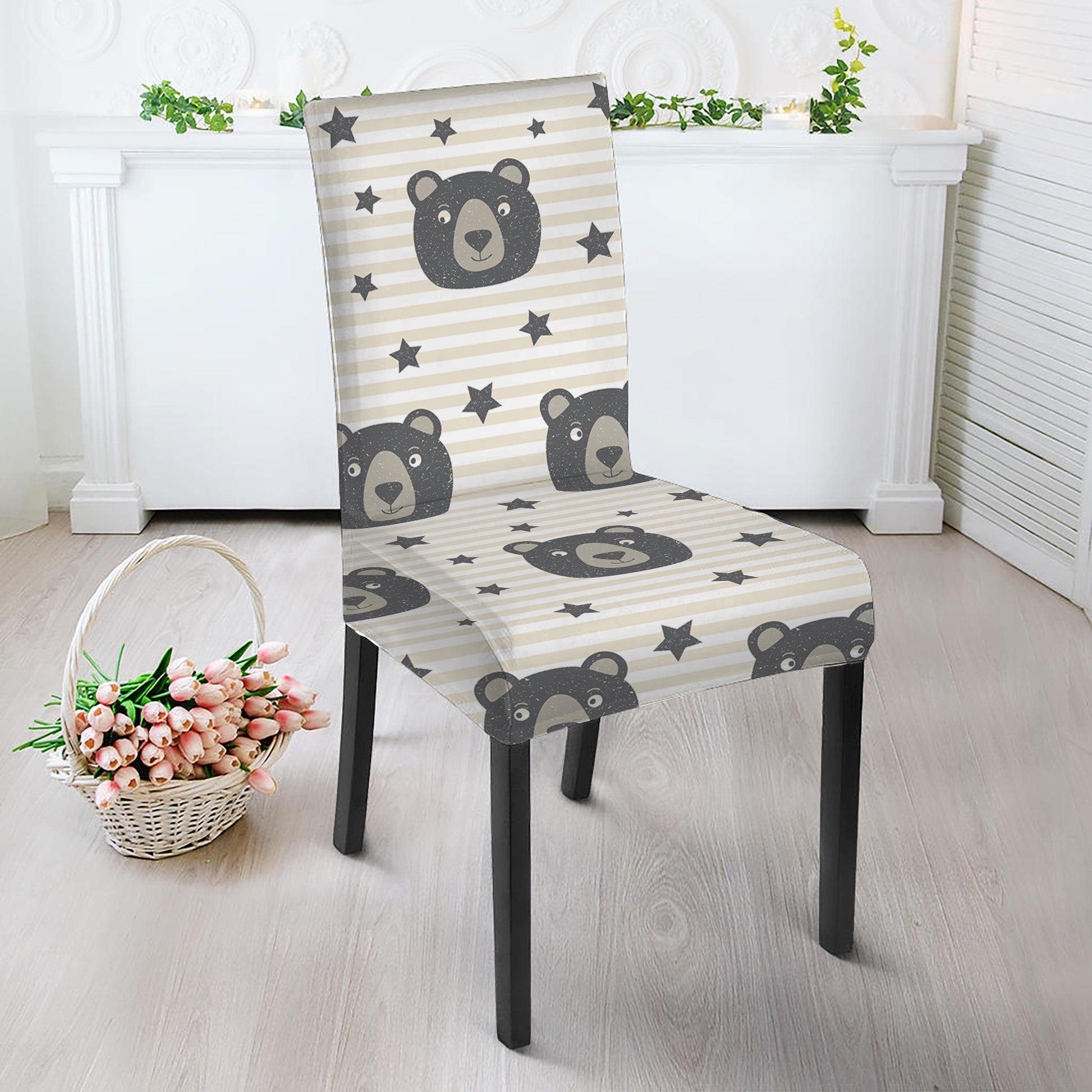 Cute Black Bear Pattern Print Dining Chair Slipcover