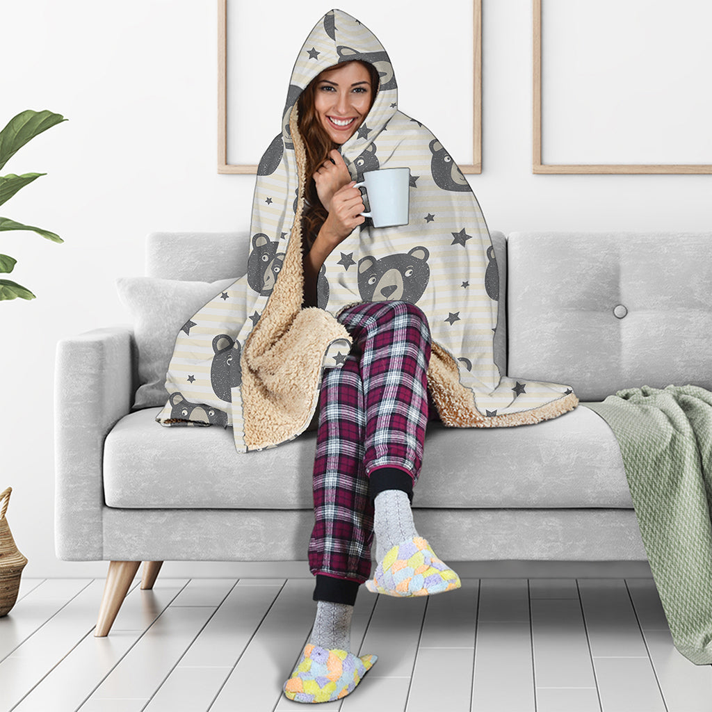 Cute Black Bear Pattern Print Hooded Blanket