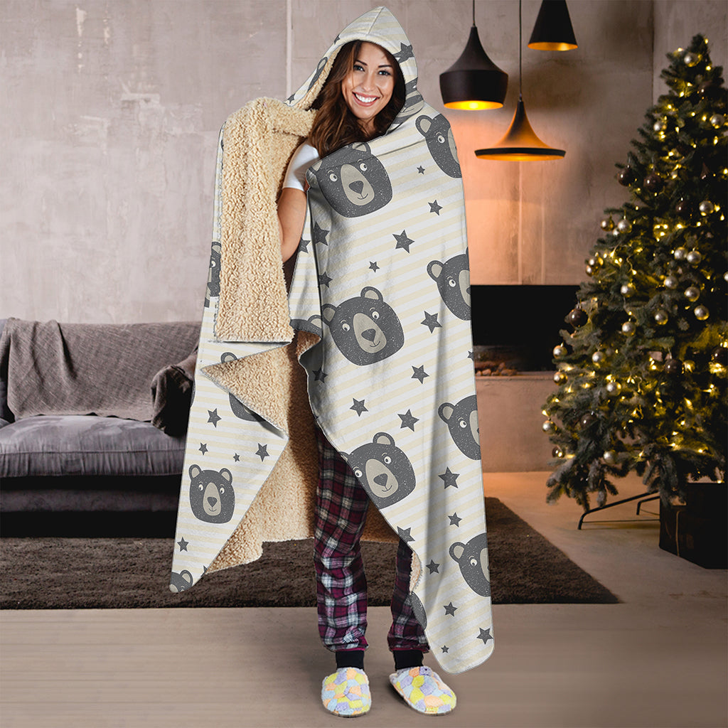 Cute Black Bear Pattern Print Hooded Blanket