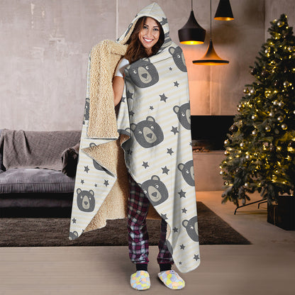 Cute Black Bear Pattern Print Hooded Blanket
