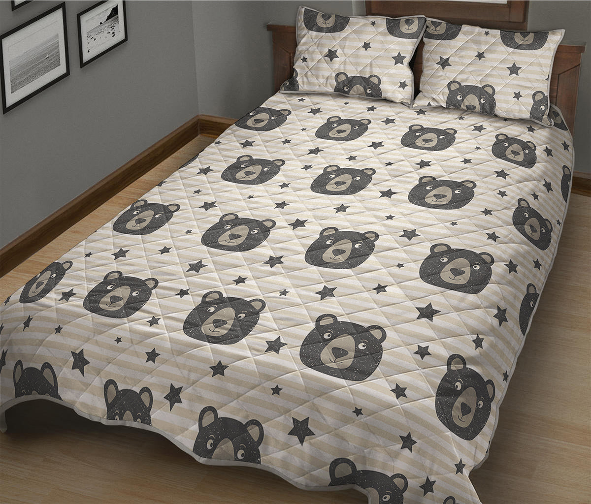 Cute Black Bear Pattern Print Quilt Bed Set