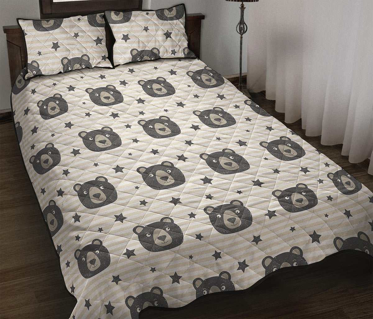 Cute Black Bear Pattern Print Quilt Bed Set