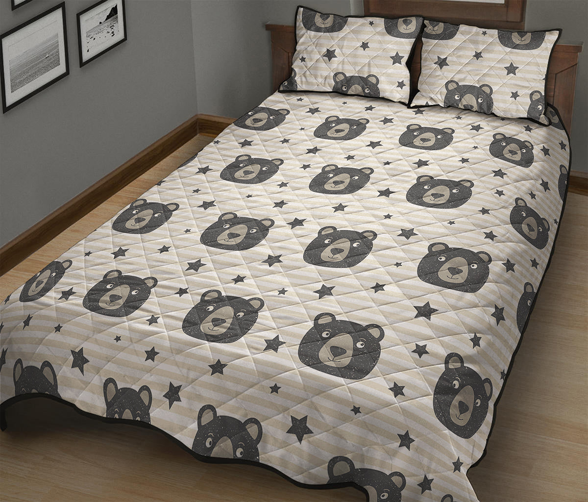 Cute Black Bear Pattern Print Quilt Bed Set