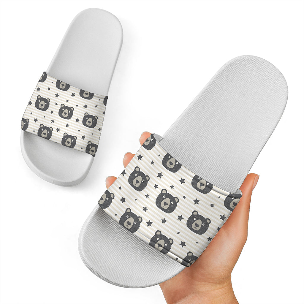 Cute Black Bear Pattern Print White Slide Sandals