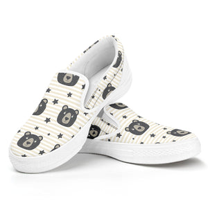 Cute Black Bear Pattern Print White Slip On Shoes