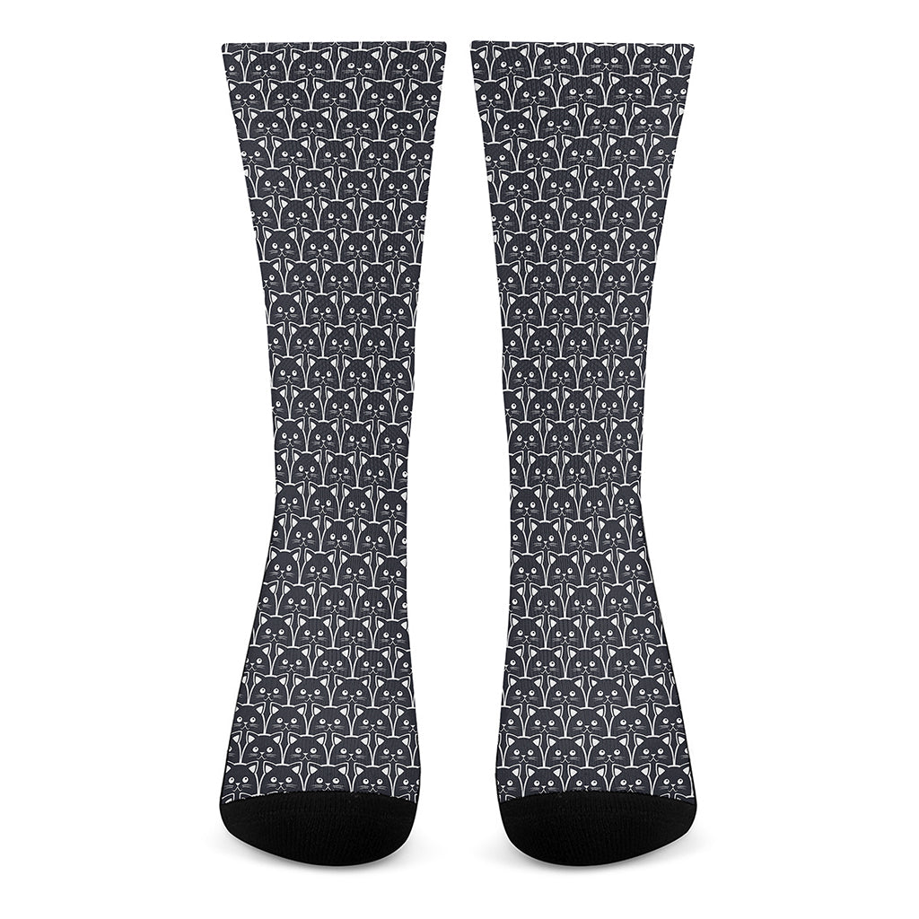 Cute Black Cat Pattern Print Crew Socks