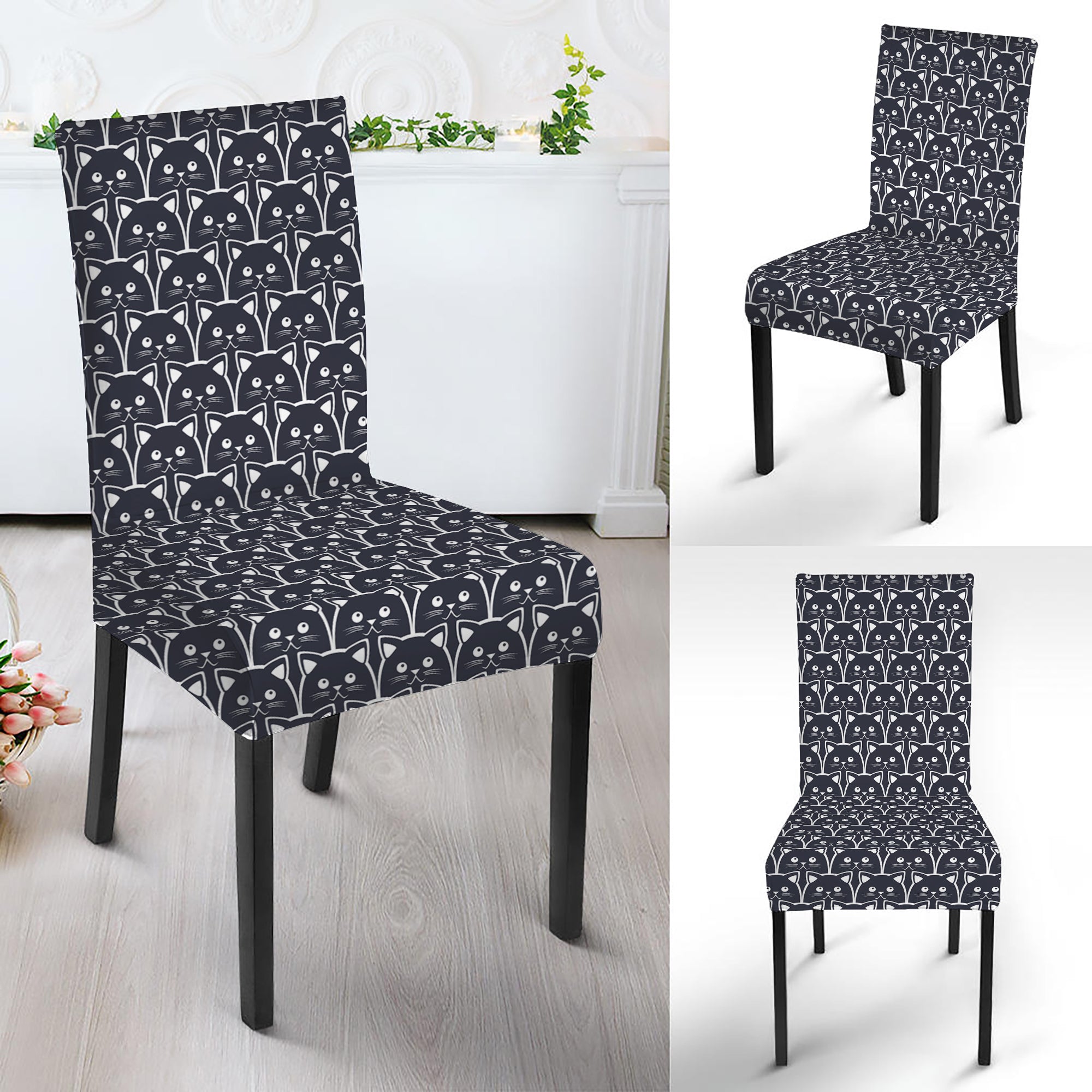 Cute Black Cat Pattern Print Dining Chair Slipcover