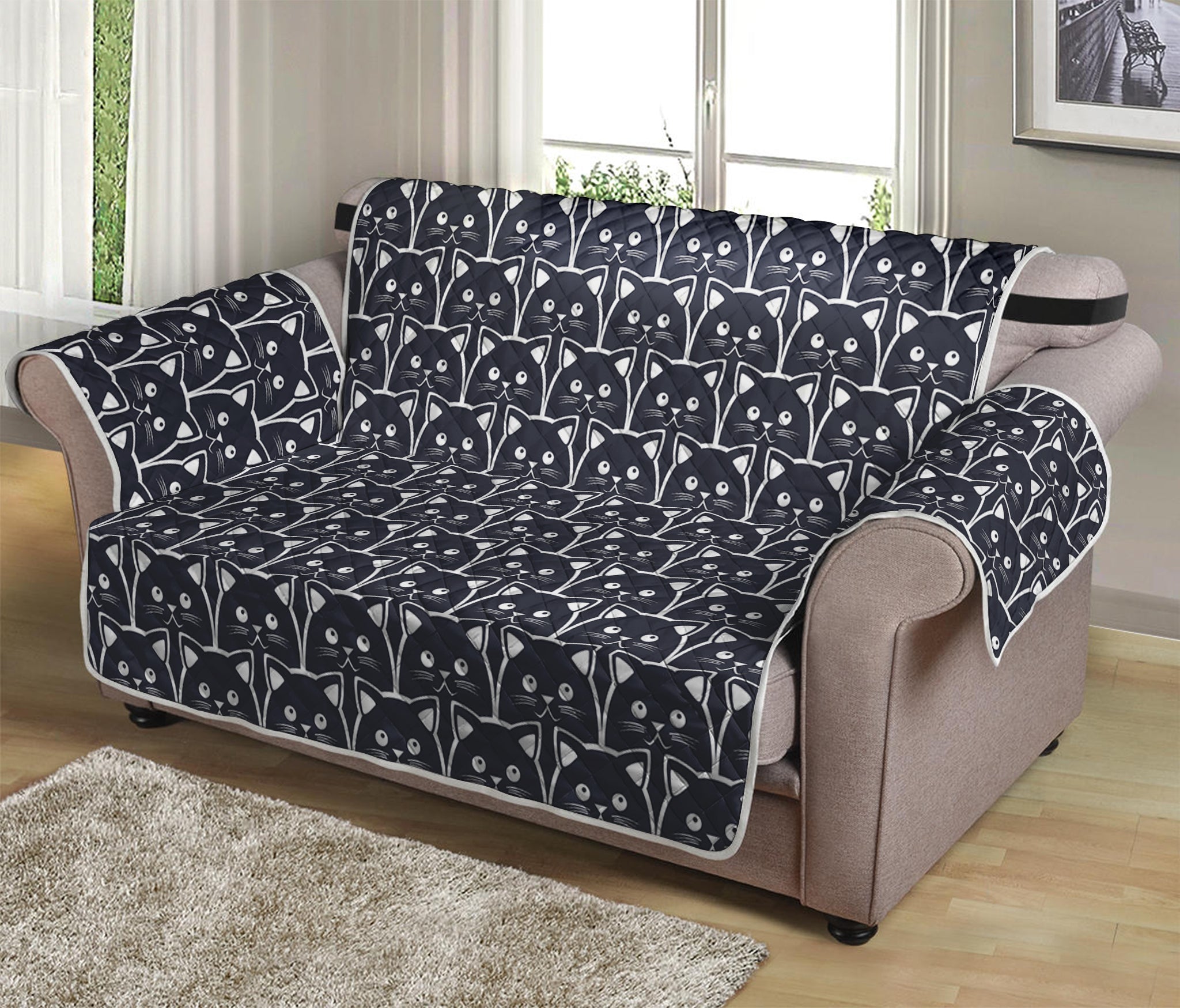 Cute Black Cat Pattern Print Loveseat Protector