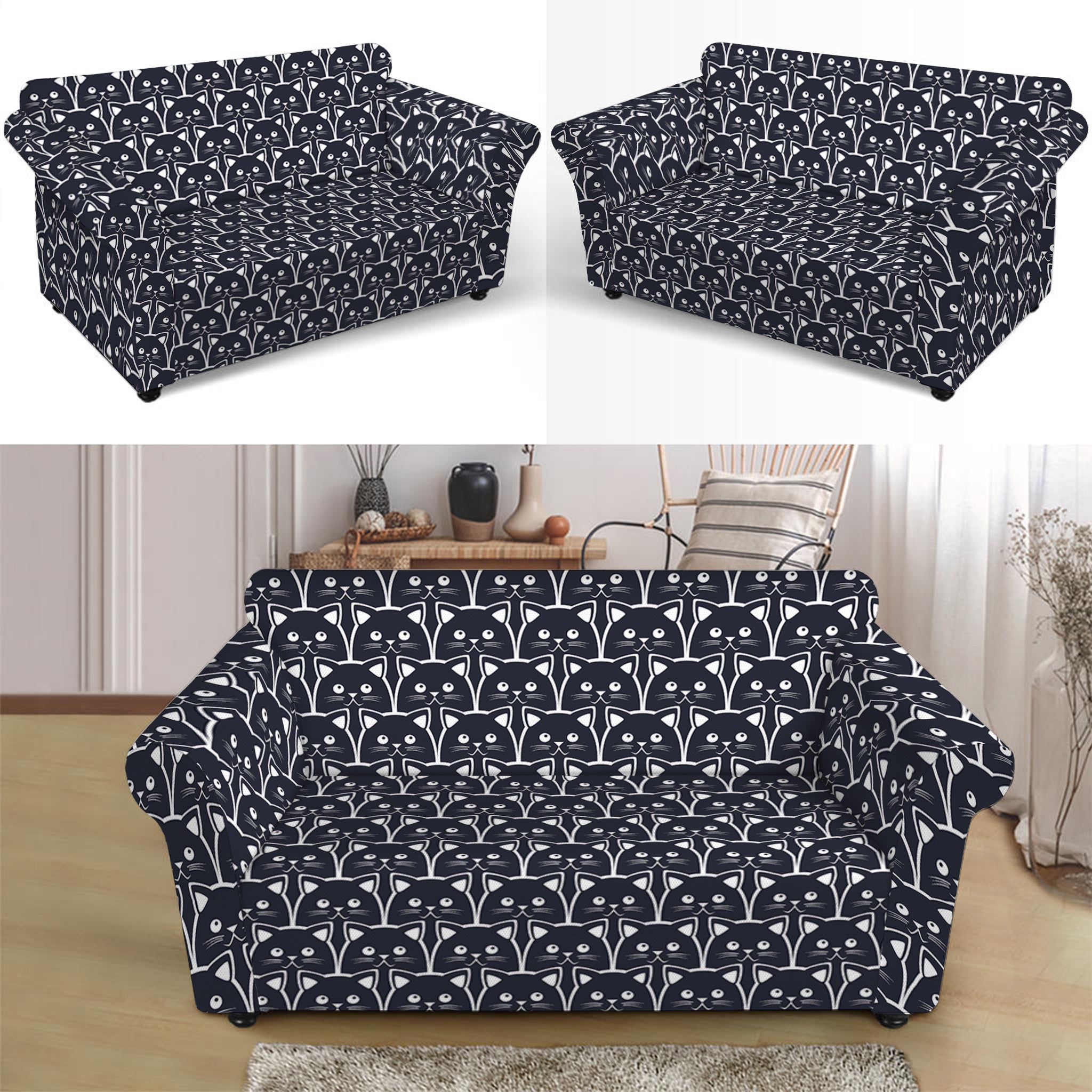 Cute Black Cat Pattern Print Loveseat Slipcover