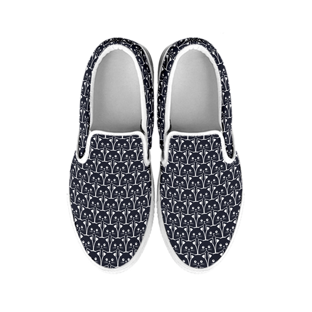 Cute Black Cat Pattern Print White Slip On Shoes