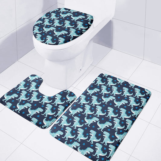 Cute Blue T-Rex Dinosaur Pattern Print 3 Piece Bath Mat Set