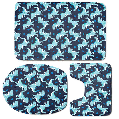 Cute Blue T-Rex Dinosaur Pattern Print 3 Piece Bath Mat Set