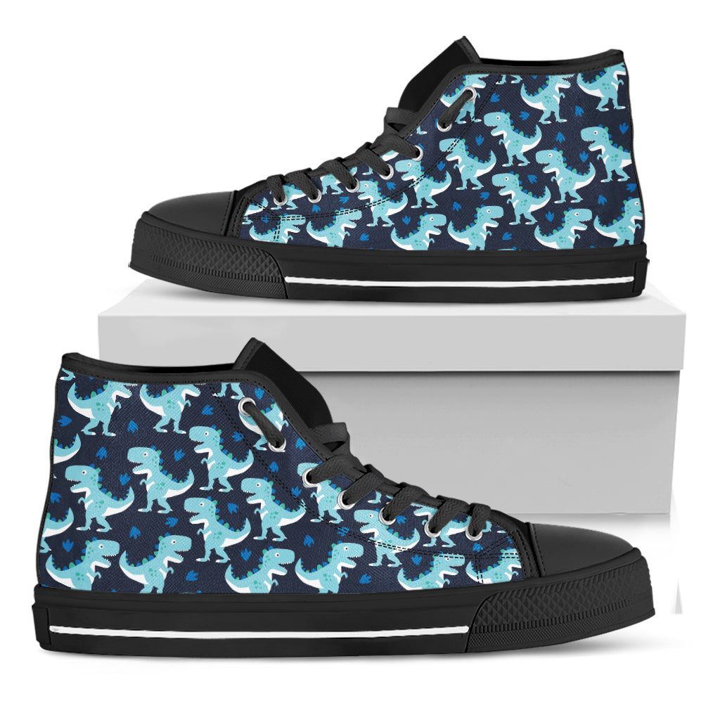 Cute Blue T-Rex Dinosaur Pattern Print Black High Top Shoes