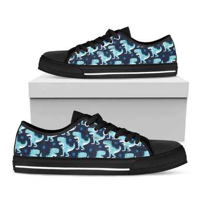 Cute Blue T-Rex Dinosaur Pattern Print Black Low Top Shoes