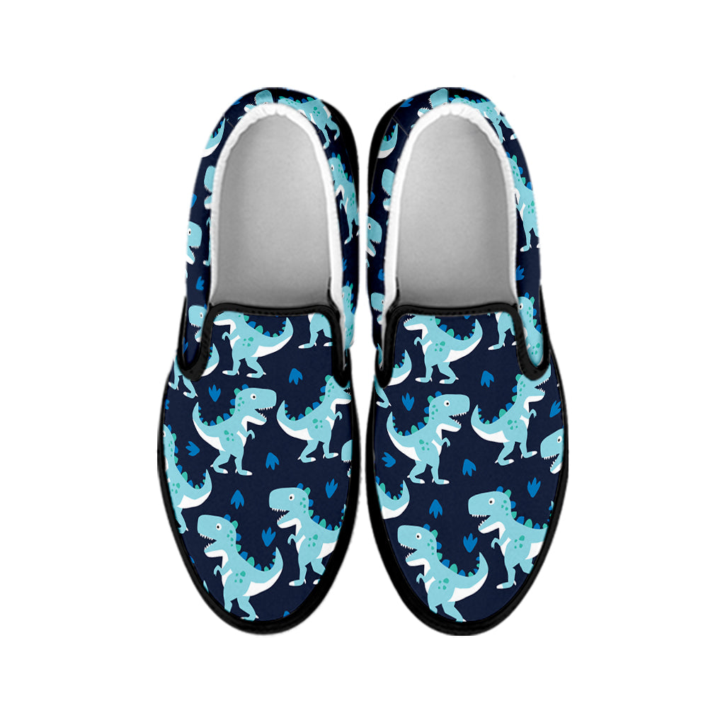 Cute Blue T-Rex Dinosaur Pattern Print Black Slip On Shoes