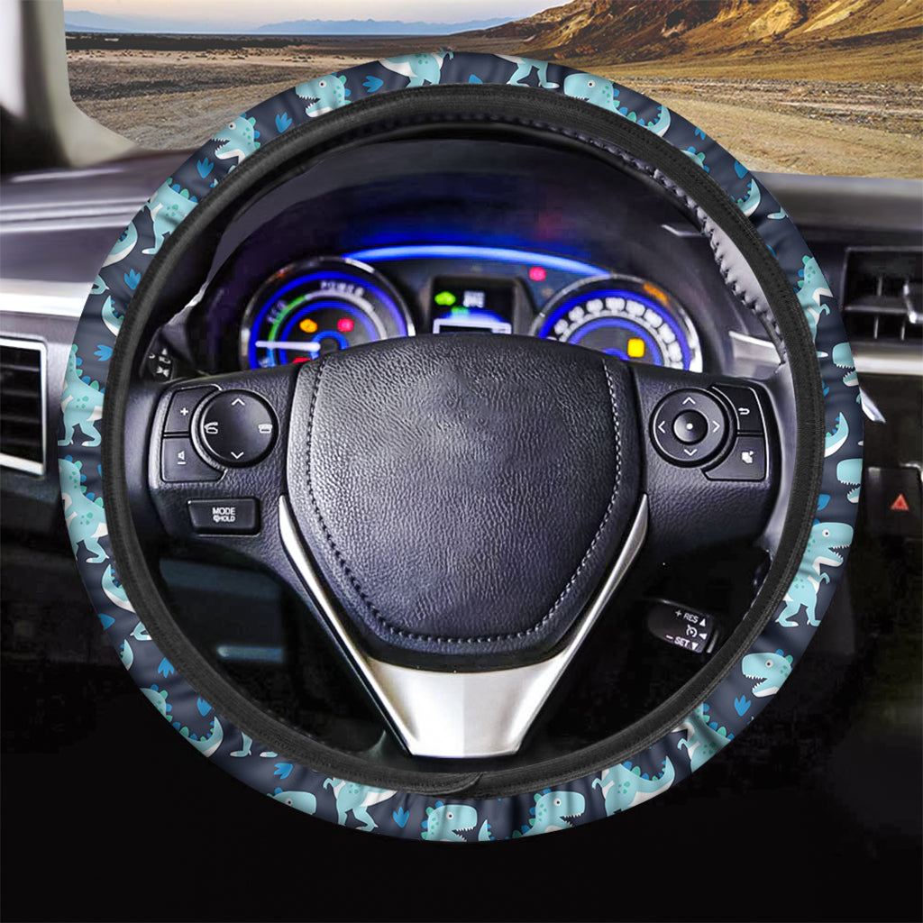 Cute Blue T-Rex Dinosaur Pattern Print Car Steering Wheel Cover