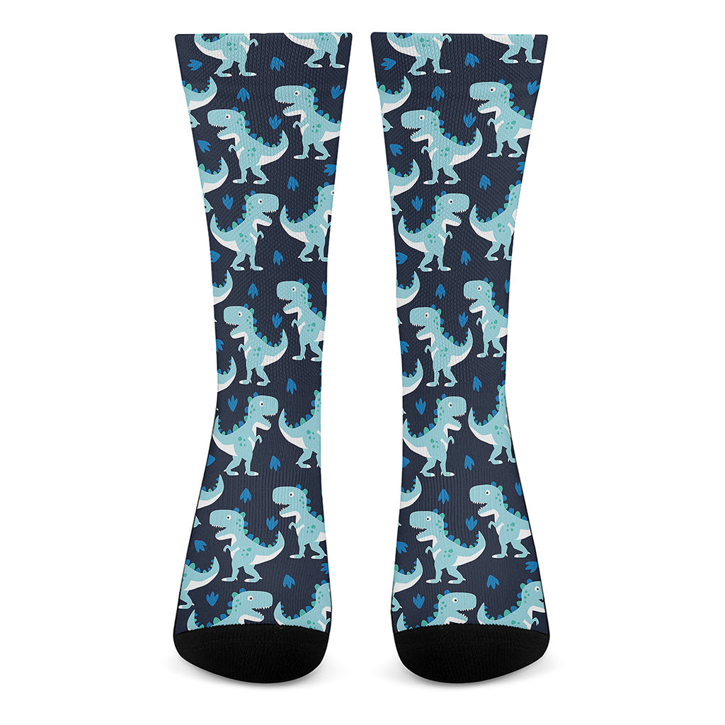 Cute Blue T-Rex Dinosaur Pattern Print Crew Socks