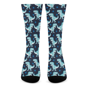 Cute Blue T-Rex Dinosaur Pattern Print Crew Socks