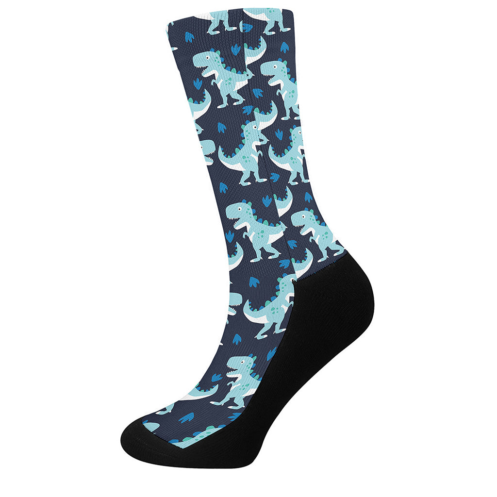 Cute Blue T-Rex Dinosaur Pattern Print Crew Socks