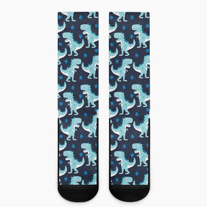 Cute Blue T-Rex Dinosaur Pattern Print Crew Socks