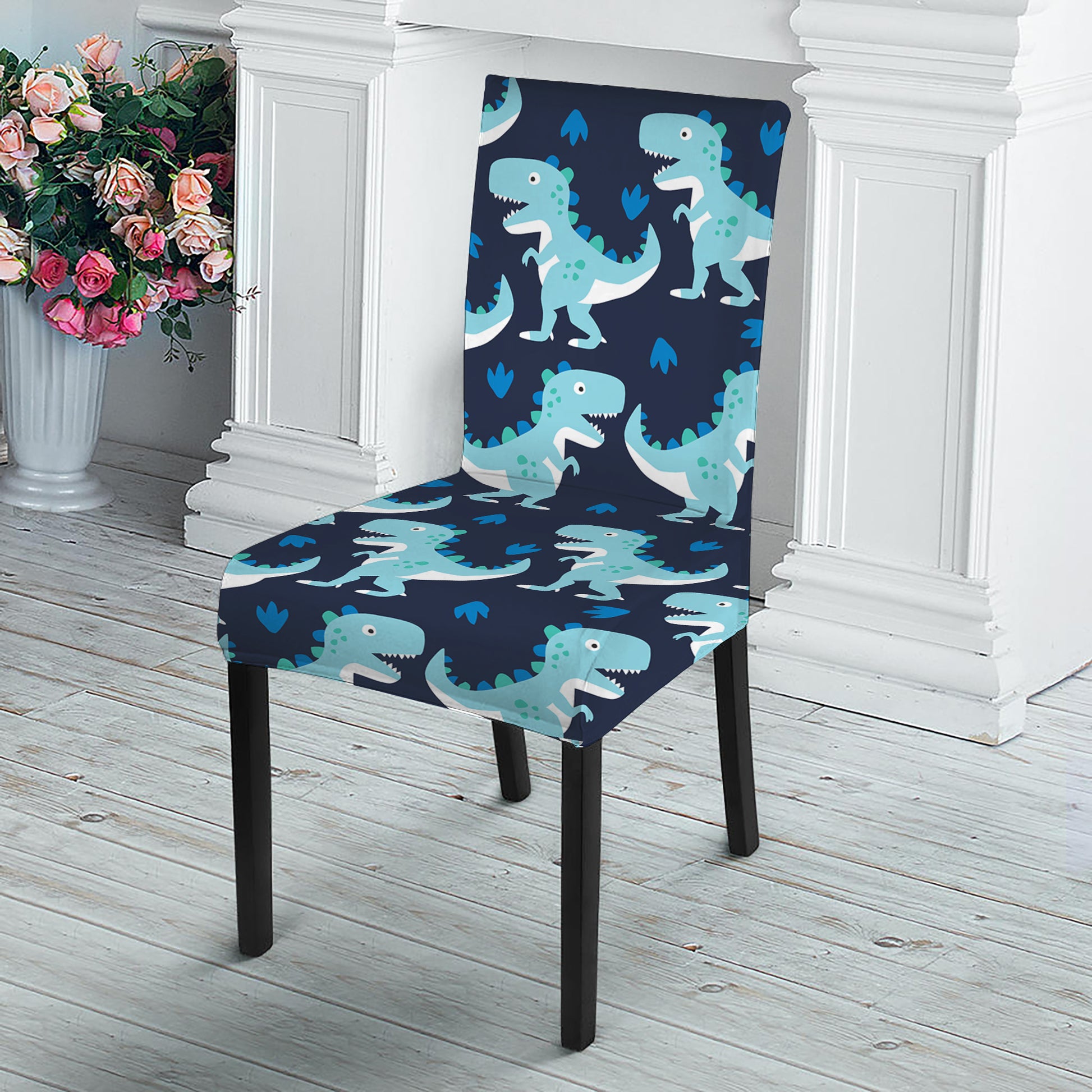 Cute Blue T-Rex Dinosaur Pattern Print Dining Chair Slipcover