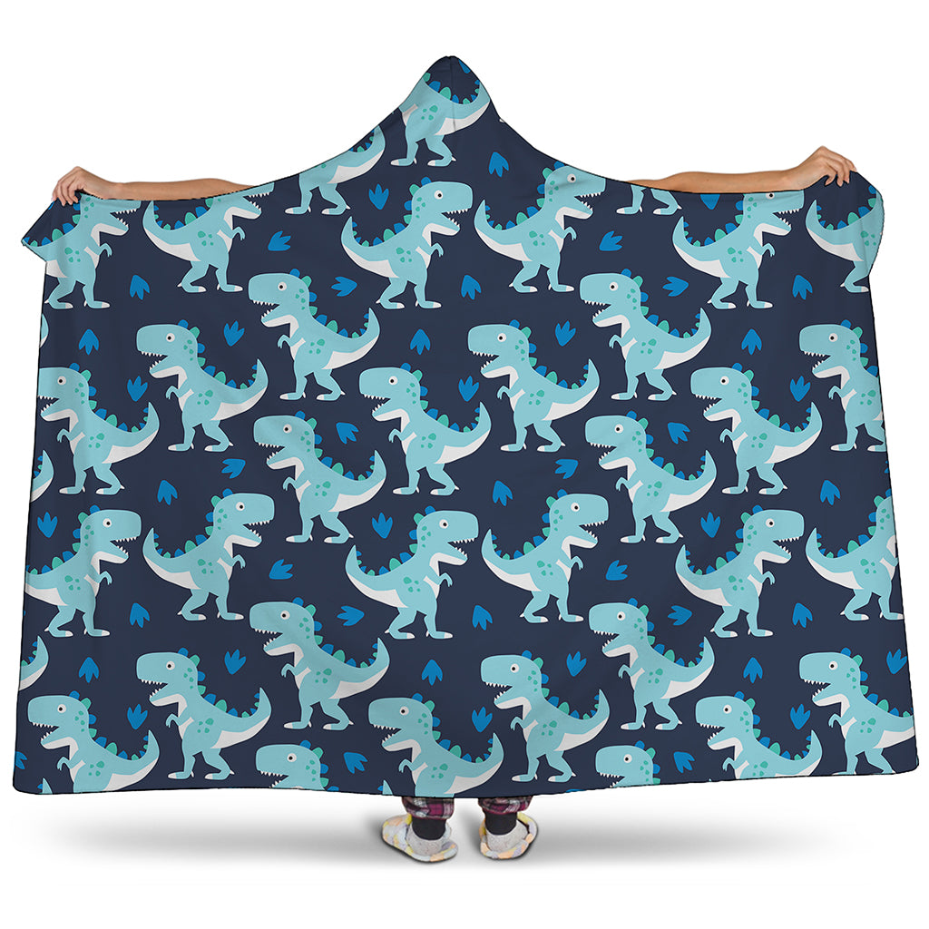Cute Blue T-Rex Dinosaur Pattern Print Hooded Blanket