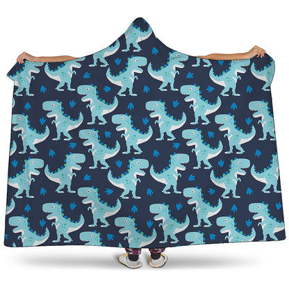 Cute Blue T-Rex Dinosaur Pattern Print Hooded Blanket