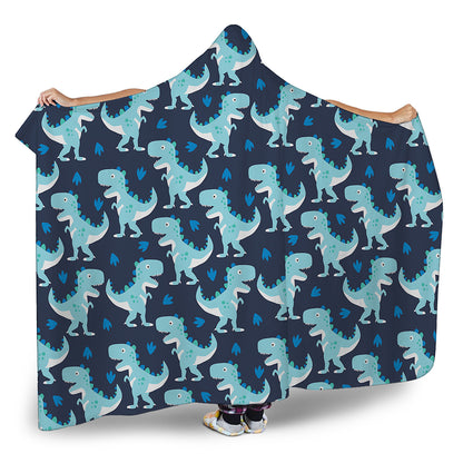 Cute Blue T-Rex Dinosaur Pattern Print Hooded Blanket