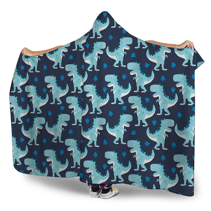 Cute Blue T-Rex Dinosaur Pattern Print Hooded Blanket