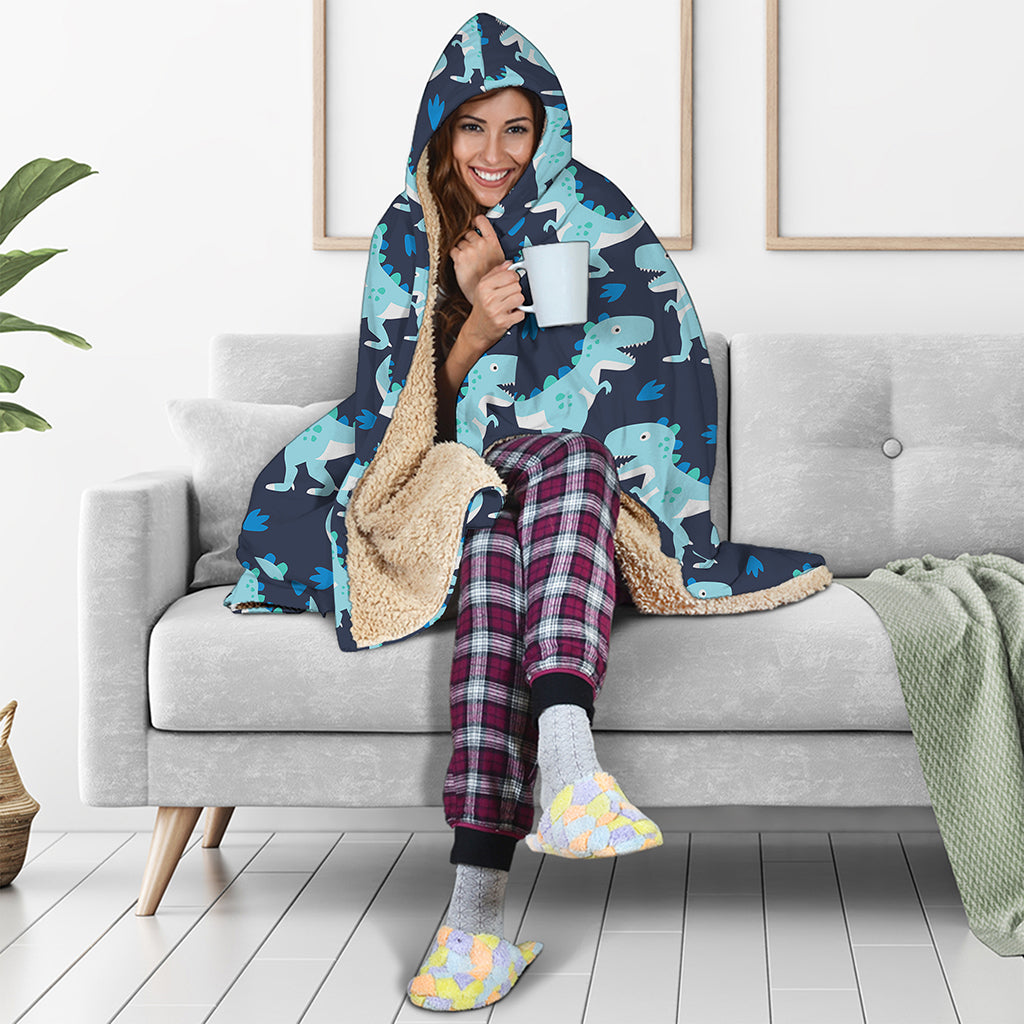 Cute Blue T-Rex Dinosaur Pattern Print Hooded Blanket