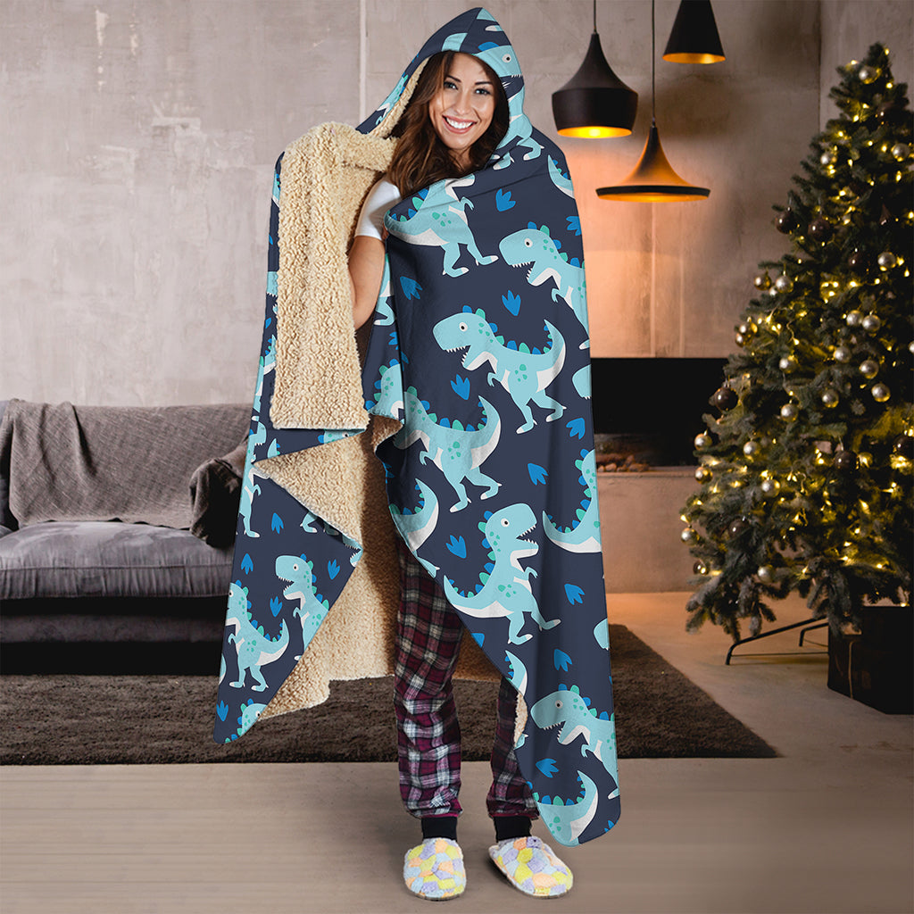 Cute Blue T-Rex Dinosaur Pattern Print Hooded Blanket