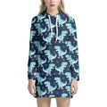 Cute Blue T-Rex Dinosaur Pattern Print Pullover Hoodie Dress