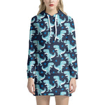 Cute Blue T-Rex Dinosaur Pattern Print Hoodie Dress