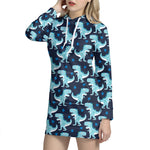 Cute Blue T-Rex Dinosaur Pattern Print Hoodie Dress