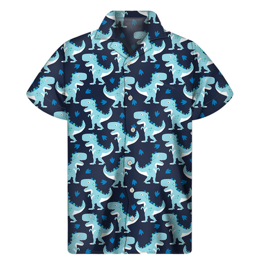 Cute Blue T-Rex Dinosaur Pattern Print Men's Short Sleeve Shirt