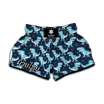 Cute Blue T-Rex Dinosaur Pattern Print Muay Thai Boxing Shorts