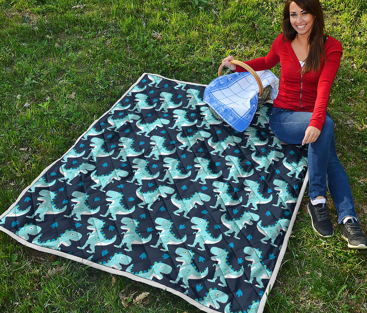 Cute Blue T-Rex Dinosaur Pattern Print Quilt