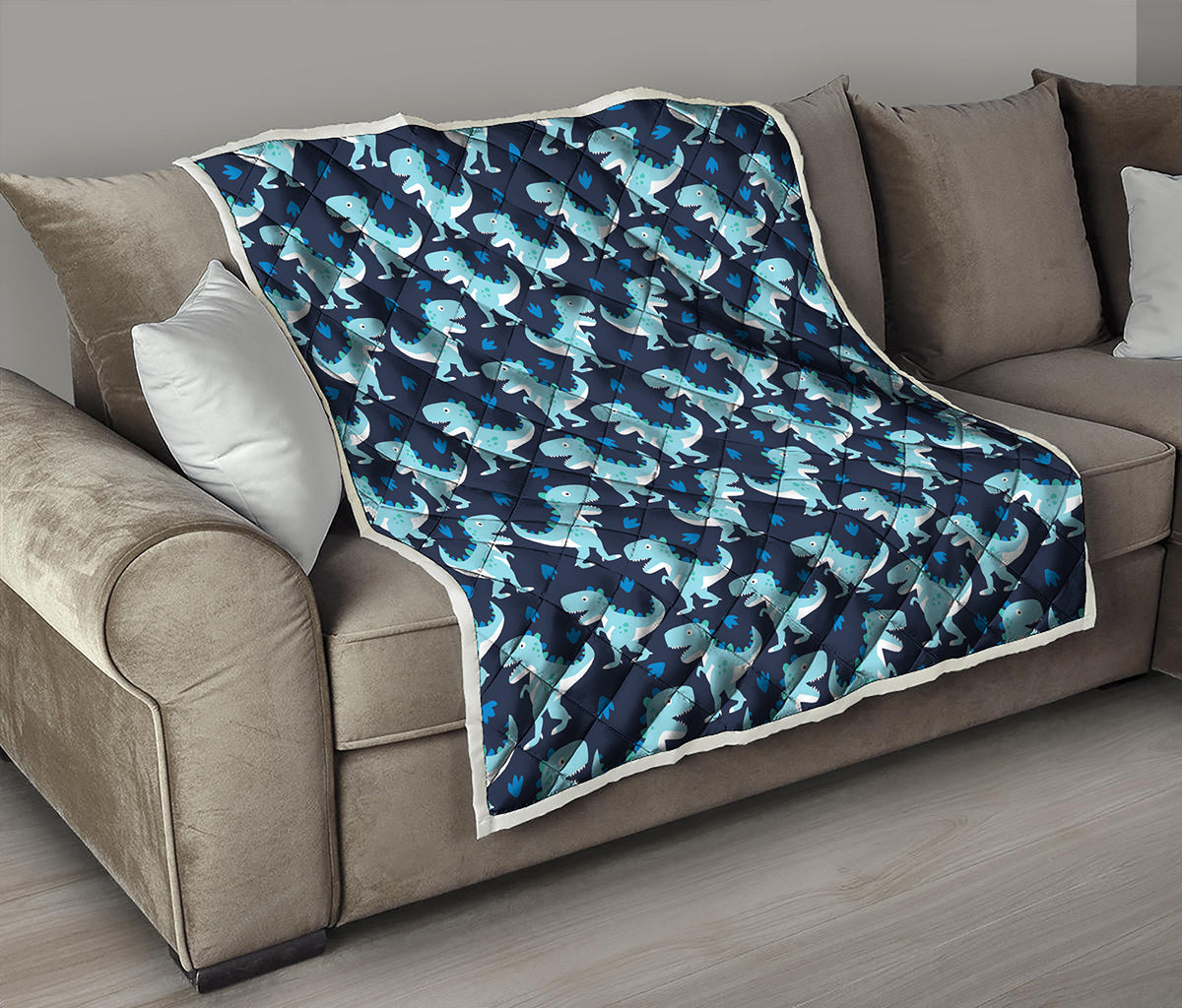 Cute Blue T-Rex Dinosaur Pattern Print Quilt