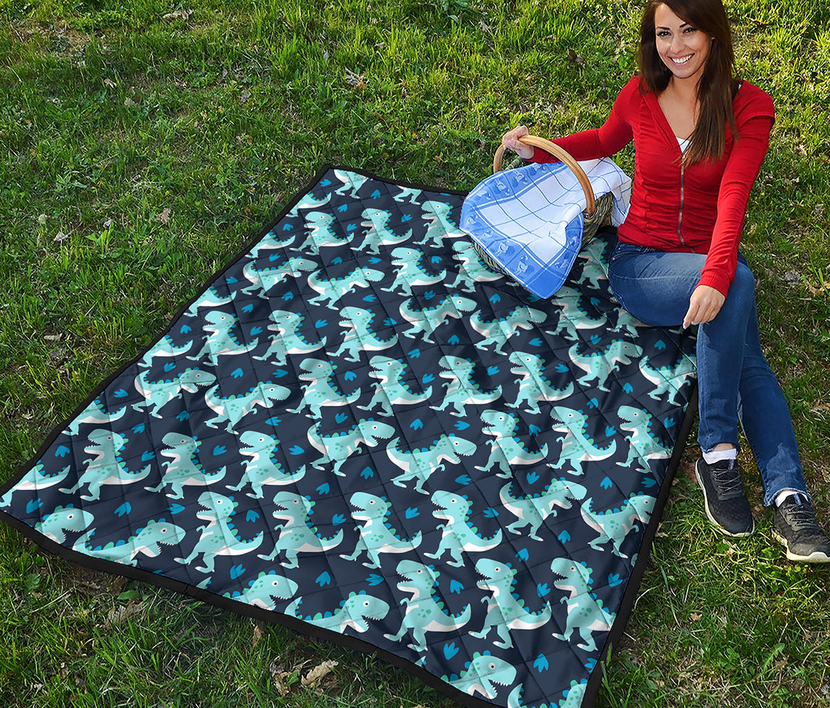 Cute Blue T-Rex Dinosaur Pattern Print Quilt