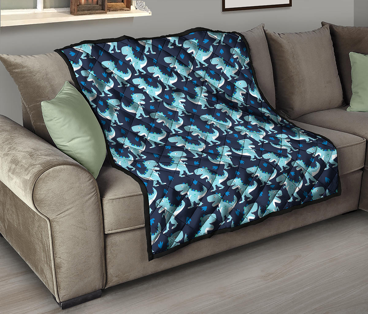 Cute Blue T-Rex Dinosaur Pattern Print Quilt