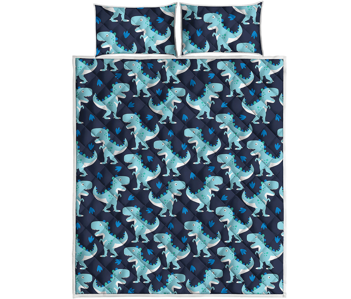 Cute Blue T-Rex Dinosaur Pattern Print Quilt Bed Set